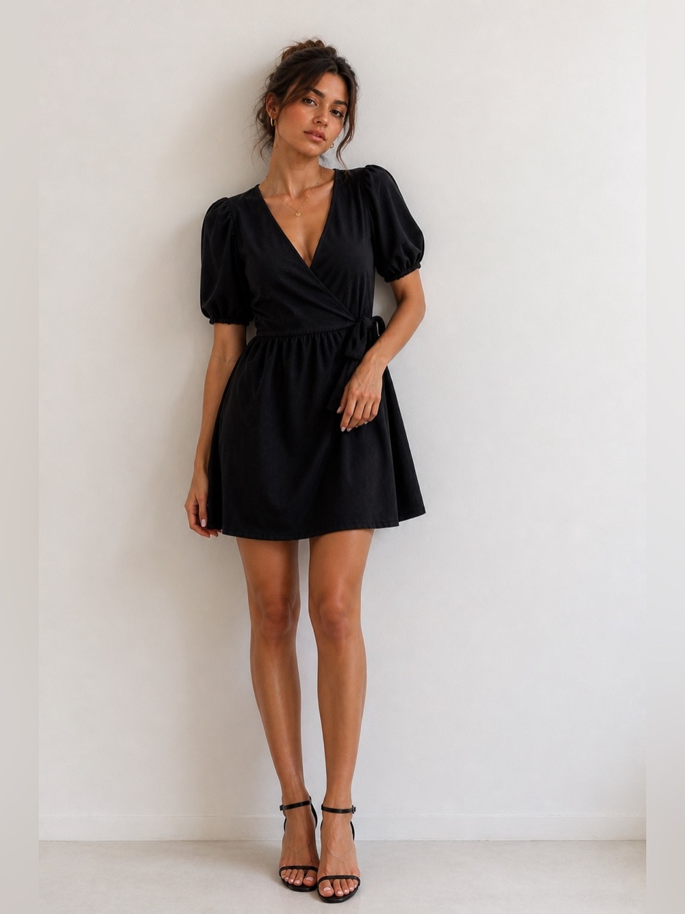 Black Dress Size 8  Wrap Puff Sleeve Mini New Look 100% Cotton Dress